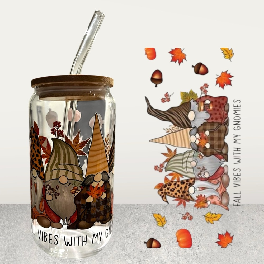 Fall Vibes With My Gnomies Glass Cup with Straw & Cleaner